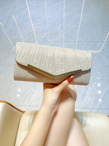 Borsa da Sera Clutch Pieghettata Glitterata da Donna Elegante Pochette con Finiture in Metallo a V e Tracolla a Catena