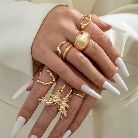 Legering Bloem Vlinder Strik Verstelbare Open Ringen Onregelmatige Lava Textuur Vintage Franse Stijl Sieraden Voor Dames