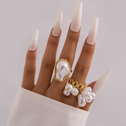 Baroque Irregular Artificial Pearl Ring Set Alloy Hollow Vintage Irregular Stackable Jewelry For Women