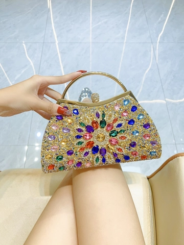 Luxury Rhinestone Flower Evening Bag For Women Metal Ring Handle Shell Clutch Purse For Wedding Party Banquet Handbag