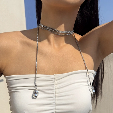 Collar Largo de Varias Capas con Colgante de Corazón Estrella y Gota de Agua de Strass Joyería de Moda para Mujer