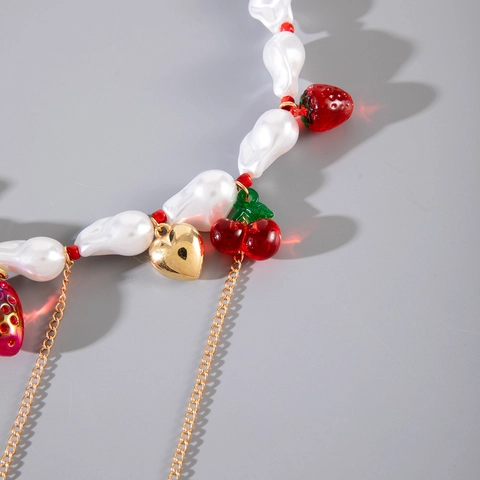 Baroque Imitation Artificial Pearl Necklace With Strawberry Cherry Pendants And Heart Gold Tassels Romantic Sweet Jewelry For Women