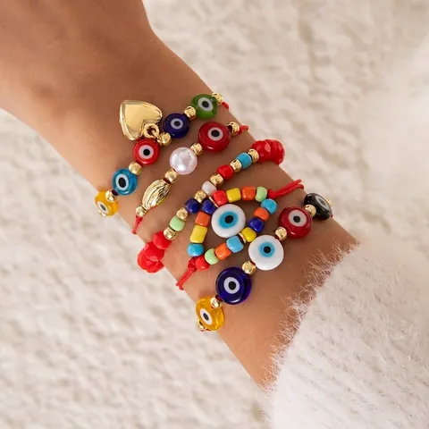 Bracciale Perline Malocchio Multistrato Bohemian Lega Resina Argilla Polimerica Perla Artificial Imitazione Gioielli Estate Etnici Donne