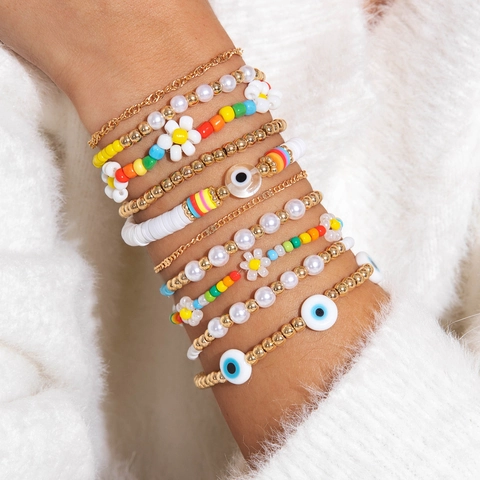 Bracciale Perline Malocchio Multistrato Bohemian Lega Resina Argilla Polimerica Perla Artificial Imitazione Gioielli Estate Etnici Donne
