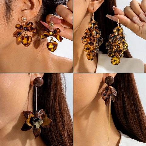 Vintage Leopard Print Acryl Hängeohrringe Retro Schildpatt Schleife Herz Blume Quaste Anhänger Accessoire Für Damen