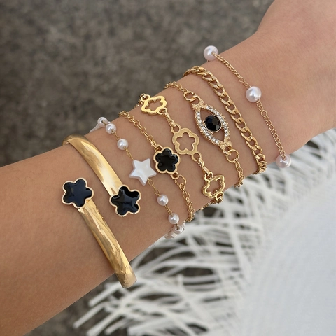 Alloy Bracelet Bangle Collection With Imitation Artificial Pearls Evil Eye And Clover Flower Charm Fashion Jewelry For Women