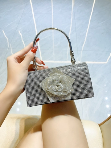 Rhinestone Evening Bag With 3D Rose Flower Decoration Metal Round Handle Detachable Chain Strap Small Square Party Clutch For Women