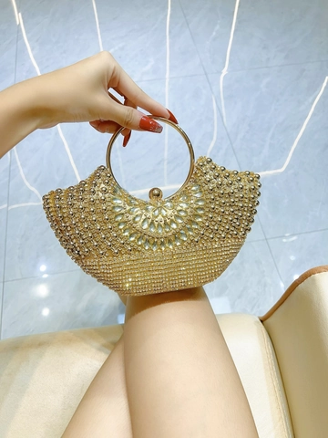 Luxury Rhinestone Beaded Evening Clutch Bag Metal Ring Handle Crescent Fan Shaped Formal Party Wedding Purse Women