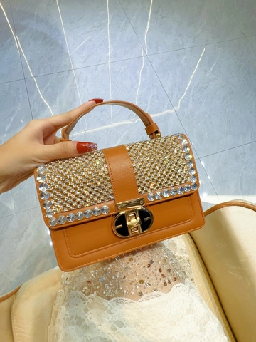 Women PU Leather Handbag Rhinestone Crystal Flap Retro Small Square Top Handle Crossbody Bag Evening Party Fashion