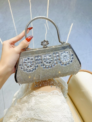 Sac De Soirée Strass Argent Frange Fleur Cristal Pochette Avec Poignée Métallique Bandoulière Chaîne Pour Mariage