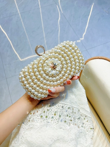 Luxurious Women Faux Artificial Pearl Evening Clutch Bag With Rhinestone Flower Decoration Metal Ring Buckle Wedding Banquet Handbag