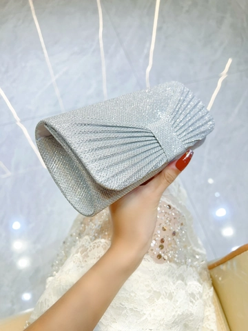 Borsa da Sera in Lega di Paillettes con Fiocco Plissettato per Donna Pochette Luccicante a Tracolla con Catena per Matrimonio