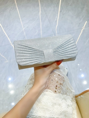 Borsa da Sera in Lega di Paillettes con Fiocco Plissettato per Donna Pochette Luccicante a Tracolla con Catena per Matrimonio
