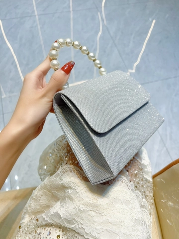 Elegante Bolso de Noche Cuadrado para Mujer Cartera de Fiesta con Lentejuelas Brillantes y Asa de Perlas Artificiales para Boda Banquete