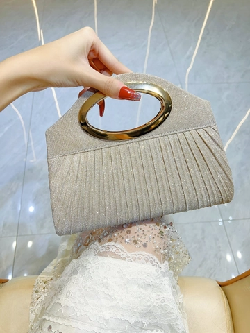 Pleated Evening Clutch Bag For Women Glitter Polyester Wedding Party Handbag With Metal Ring Handle And Detachable Chain
