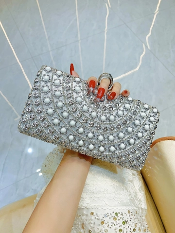 Women Evening Clutch Bag Silver Rhinestone Artificial Pearl Floral Metal Hard Shell Handbag For Party Wedding Formal Elegant