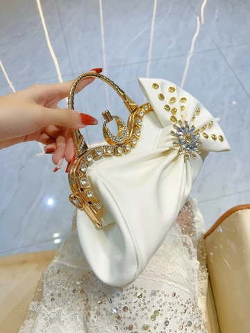 Bolso De Noche Cuir PU Diamantes De Imitación Cristal Plisado Lazo Bolso De Mano Mango De Metal Correa Cadena Fiesta Formal Banquete