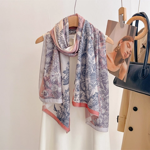 Sciarpa In Raso Con Stampa Floreale Retrò Per Donna Scialle Solare Biadesivo Elegante In Poliestere Accessorio Di Moda