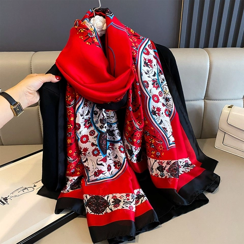 Women Vintage Floral Print Imitation Satin Scarf Elegant Paisley Pattern Lightweight Beach Shawl Sun Protection Wrap