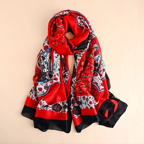 Women Vintage Floral Print Imitation Satin Scarf Elegant Paisley Pattern Lightweight Beach Shawl Sun Protection Wrap