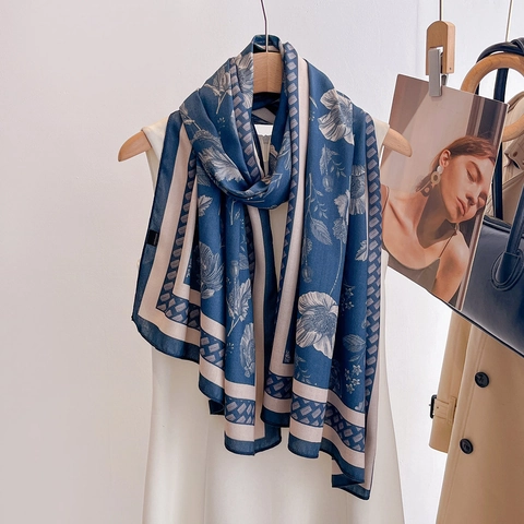 Floral Print Scarf Women Long Double Sided Satin Feel Polyester Shawl Luxury Vintage Sun Protection Beach Wrap