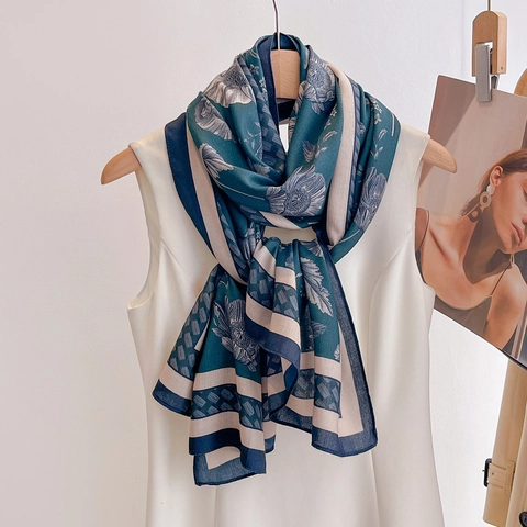 Floral Print Scarf Women Long Double Sided Satin Feel Polyester Shawl Luxury Vintage Sun Protection Beach Wrap