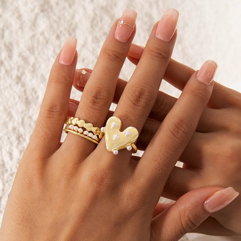 Heart Artificial Pearl Rings Bohemian Golden Alloy Stackable Jewelry Sweet Elegant Accessories Gift For Women