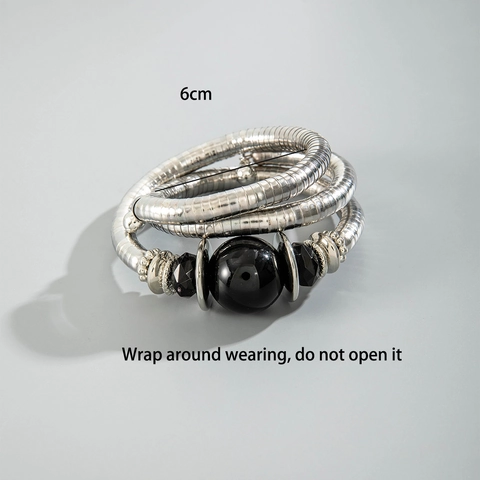 Multi Layer Wrap Around Bracelet With Iron Snake Bone Chain And Large Black Polished Bead Minimalist Retro Style For Men