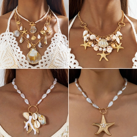 Bohemian Ocean Shell Necklace Faux Artificial Pearl Starfish Pendant Multi Layer Beach Summer Jewelry Women Elegant Accessory