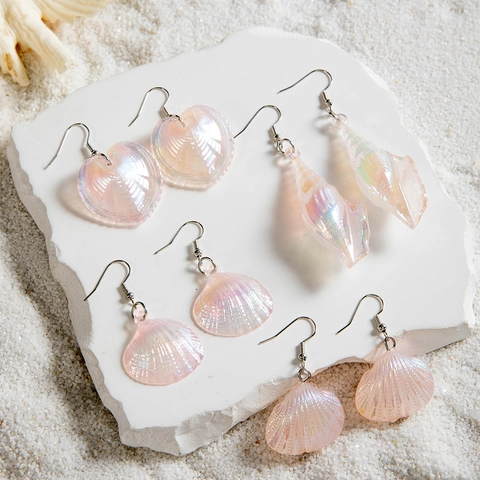 Orecchini In Acrilico Cangiante A Forma Di Conchiglia E Cuore Gioielli Da Spiaggia Rosa Perla Artificialto Per Donna