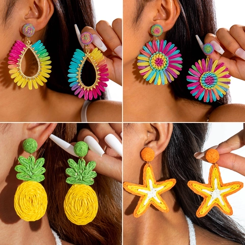 Bohemian Hand Woven Raffia Drop Earrings For Women Colorful Tropical Summer Beach Vacation Style Statement Jewelry