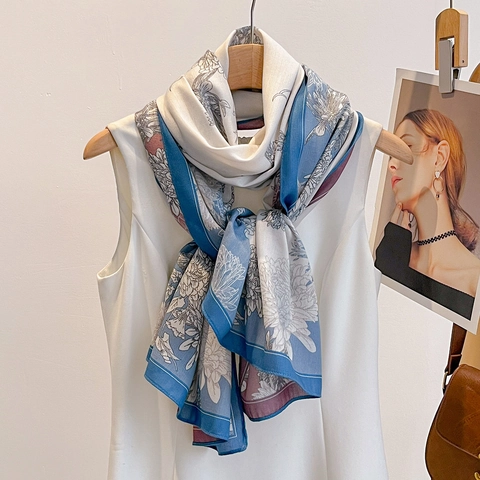 Sciarpa Lunga Da Donna Simil Raso Stampa Floreale Scialle Bifacciale Sottile Protezione Solare Moda Foulard Elegante