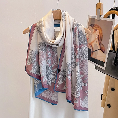Sciarpa Lunga Da Donna Simil Raso Stampa Floreale Scialle Bifacciale Sottile Protezione Solare Moda Foulard Elegante
