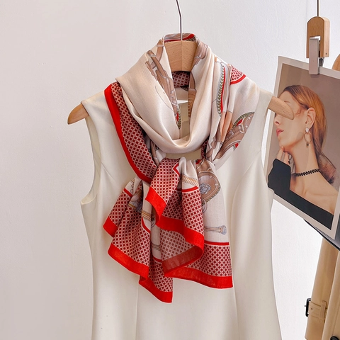 Elegant Equestrian Print Scarf For Women Vintage Horse Carriage Pattern Satin Feel Polyester Fashion Shawl Wrap
