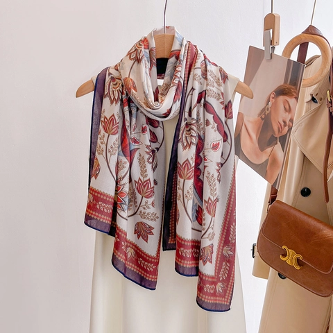 Elegant Retro Floral Print Polyester Satin Scarf Sun Protection Long Shawl Double Sided Contrast Color Fashion For Women