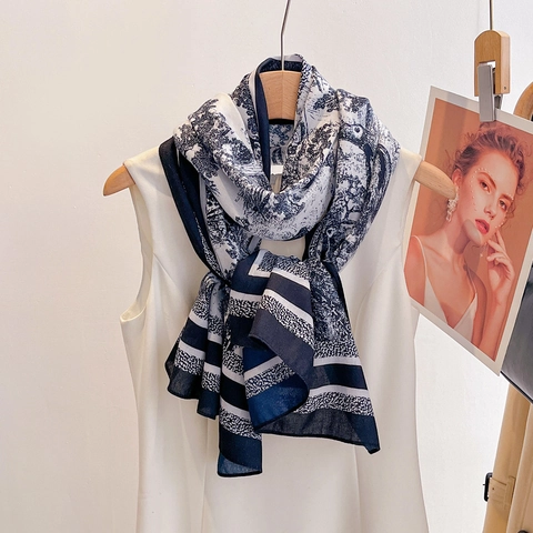 Women Retro Toile De Jouy Animal Print Scarf Shawl Lightweight Polyester Sun Protection Beach Wrap Versatile Double Sided