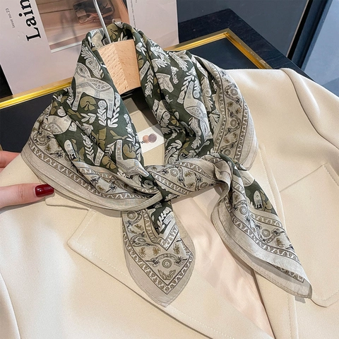 Vintage Horse Floral Print Silk Cotton Square Scarf Women Large Neckerchief Bandana Shawl Wrap Olive Green Fashion Accessory