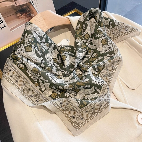 Vintage Horse Floral Print Silk Cotton Square Scarf Women Large Neckerchief Bandana Shawl Wrap Olive Green Fashion Accessory