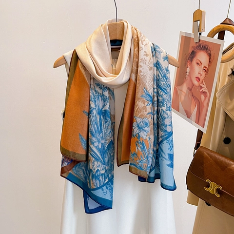 Floral Print Satin Scarf Shawl Polyester Lightweight Elegant Contrast Color Versatile Sun Protection Wrap For Women