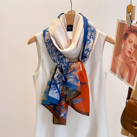Floral Print Satin Scarf Shawl Polyester Lightweight Elegant Contrast Color Versatile Sun Protection Wrap For Women