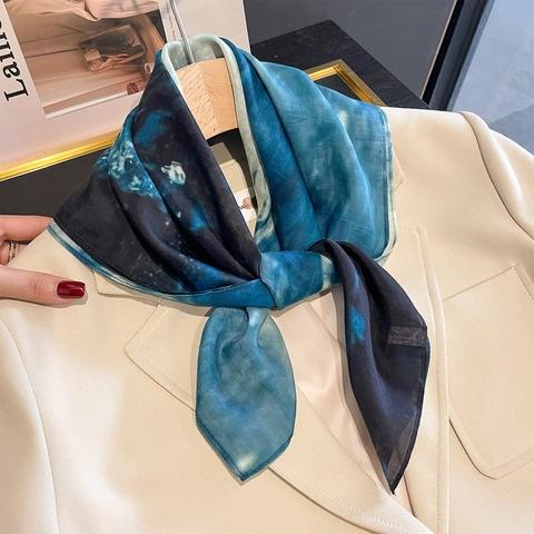 Foulard Quadrato Da Donna In Misto Raso Di Gelso E Cotone Stampa Marmo Tie Dye Moda Versatile Cravatta Elegante