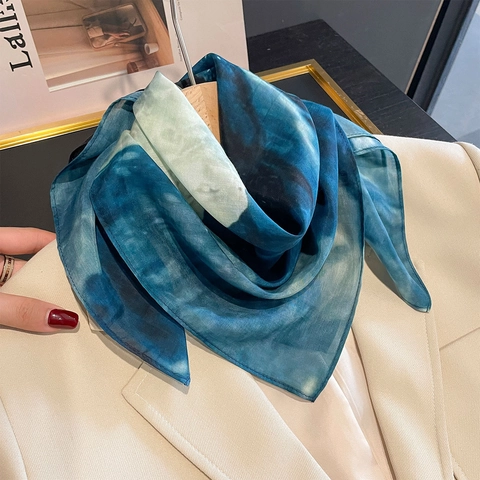 Foulard Quadrato Da Donna In Misto Raso Di Gelso E Cotone Stampa Marmo Tie Dye Moda Versatile Cravatta Elegante