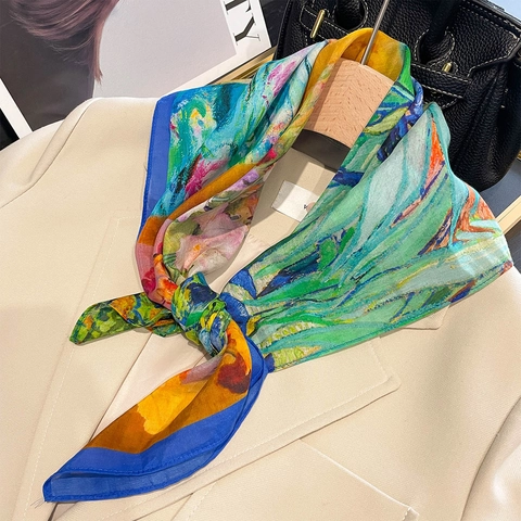 Foulard Quadrato Elegante Da Donna Stampa Floreale Artistica Misto Raso Cotone Sottile Traspirante Stile Pittura Ad Olio Vintage