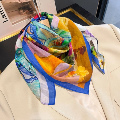 Foulard Quadrato Elegante Da Donna Stampa Floreale Artistica Misto Raso Cotone Sottile Traspirante Stile Pittura Ad Olio Vintage