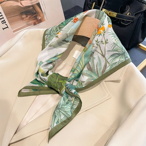 Retro Tropical Plant Print Square Scarf Mulberry Satin Cotton Blend Thin Sun Protection Neckerchief For Women