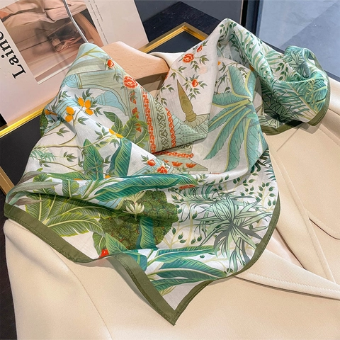 Retro Tropical Plant Print Square Scarf Mulberry Satin Cotton Blend Thin Sun Protection Neckerchief For Women
