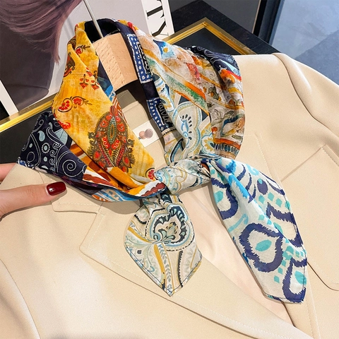 Sciarpa Quadrata In Raso Di Gelso E Cotone Stampa Paisley Stile Boho Vintage Elegante Foulard Versatile Donna