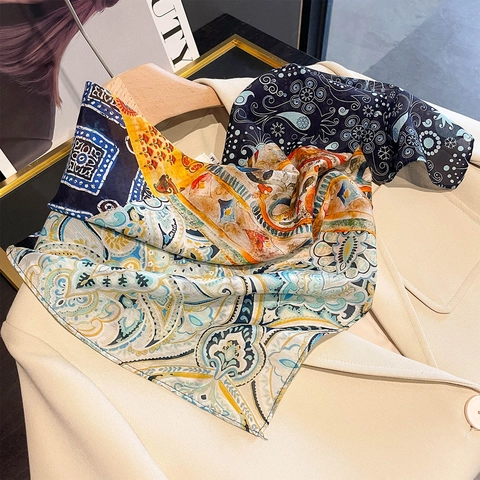 Sciarpa Quadrata In Raso Di Gelso E Cotone Stampa Paisley Stile Boho Vintage Elegante Foulard Versatile Donna