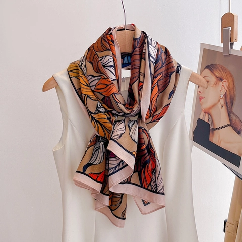 Fashion Satin Feel Long Scarf Polyester Plant Leaf Print Sun Protection Beach Shawl Lightweight Vintage For Women