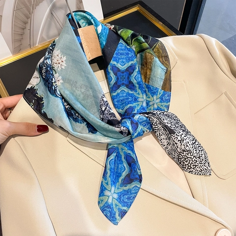 Artistic Floral Square Scarf Mulberry Satin Cotton Blend Elegant Oil Painting Style Neck Wrap For Women